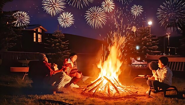 Navidad acogedora en el campo fuegos artificiales y diversión familiar ilustración en cálido