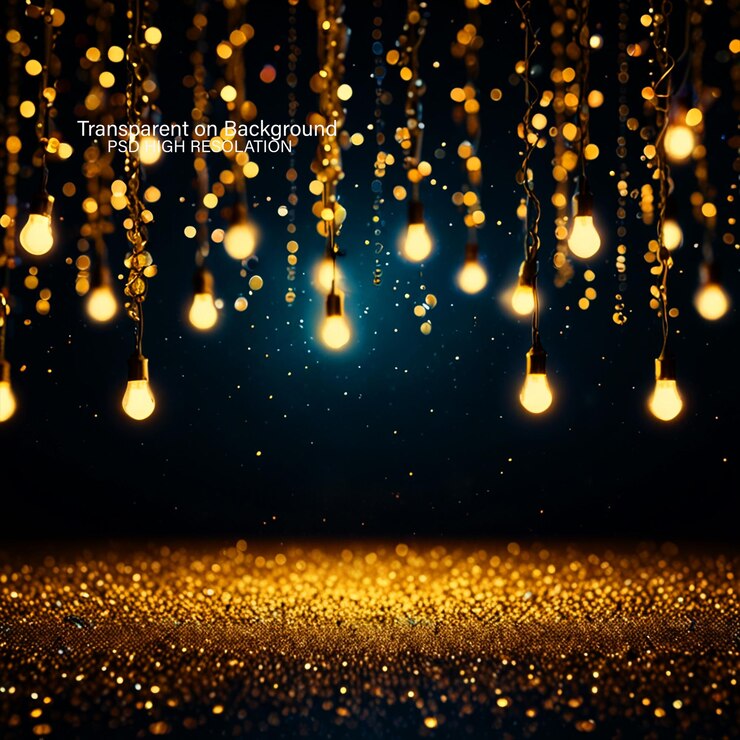 PSD navidad con bolas colgantes negras y doradas en un diseño bokeh sobre fondo negro