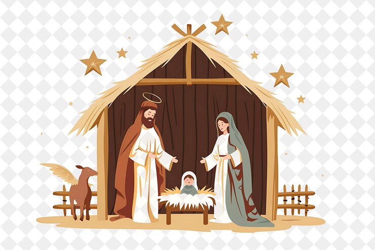 PSD navidad en el establo con maría josé y el bebé jesús ilustración desi diseño artístico de navidad