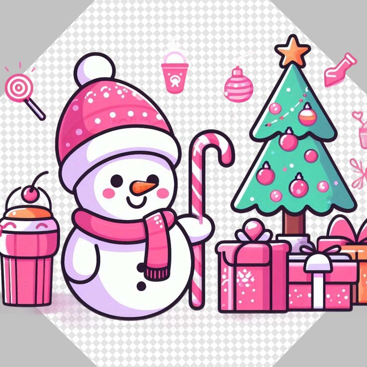 PSD navidad de invierno hombre de nieve rosa familia papá noel ilustración transparente clipart