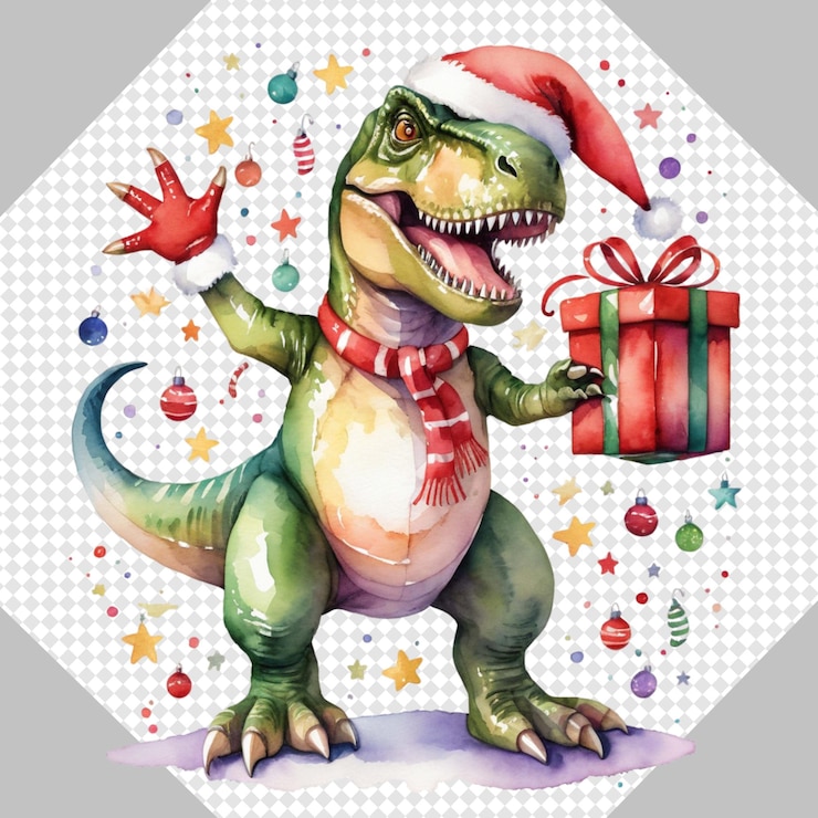 PSD navidad de moda papá noel dinosaurio con cajas de regalos clipart transparente