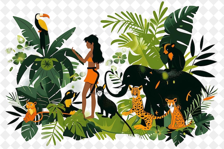 PSD navidad en la selva con mowgli y sus amigos animales d ilustración diseño artístico navideño