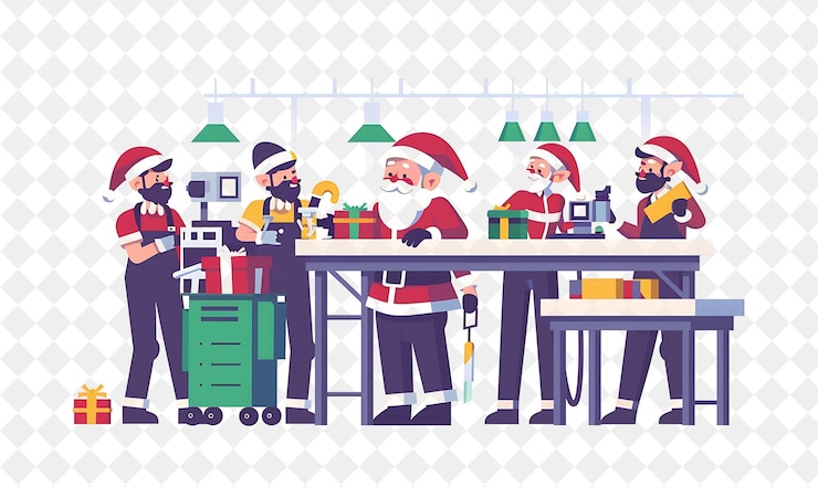 PSD navidad en el taller con papá noel y sus elfos diseño es ilustración diseño artístico de navidad