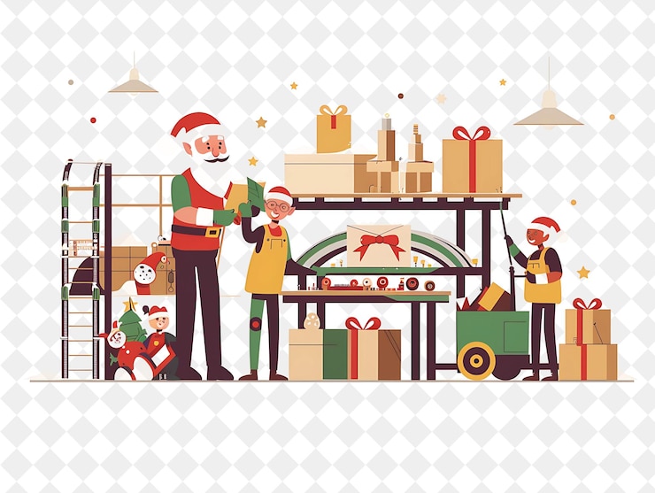 PSD navidad en el taller con papá noel y sus elfos diseño es ilustración diseño artístico de navidad