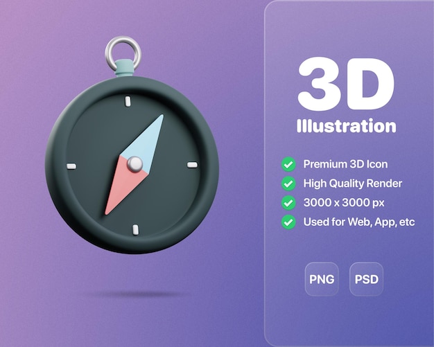 Navigieren Sie mit diesem detaillierten 3D-Symbol eines Kompasses durch die Wildnis