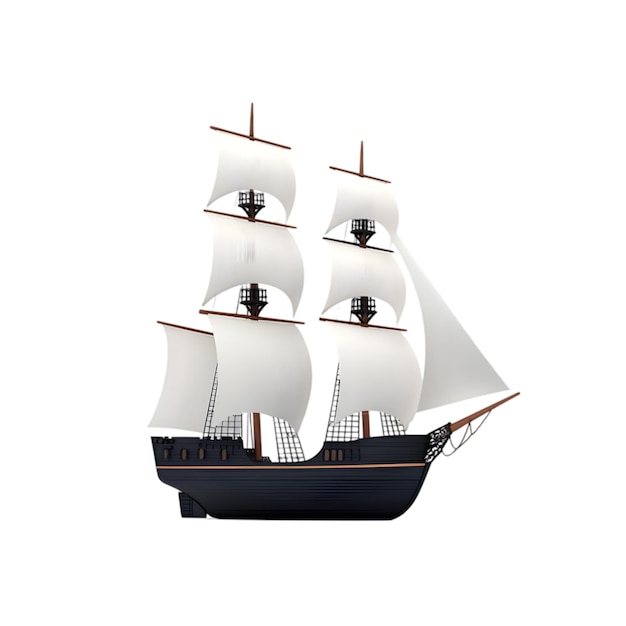 Navio a vela clássico de madeira com velas brancas isoladas em fundo branco