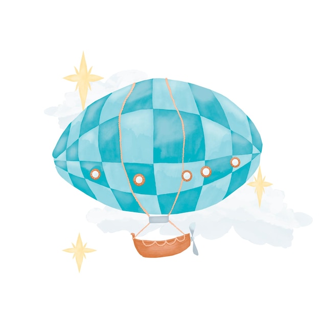 Navio aéreo com nuvens e estrelas Composição cor aquarela marcador ilustração digital