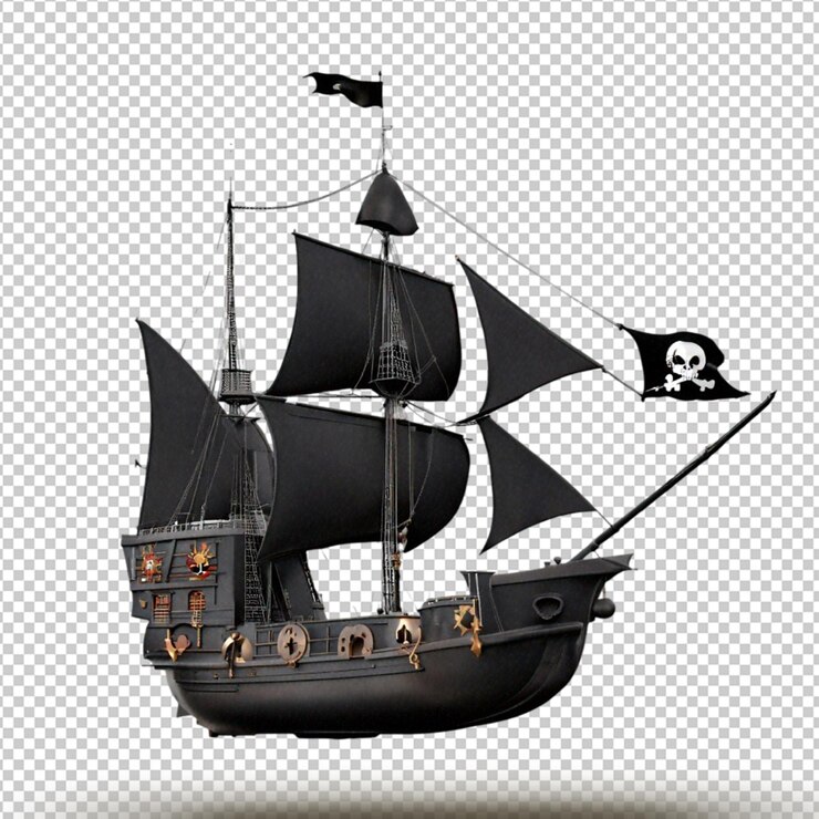 PSD navio pirata preto realista com bandeira pirata isolado em fundo transparente