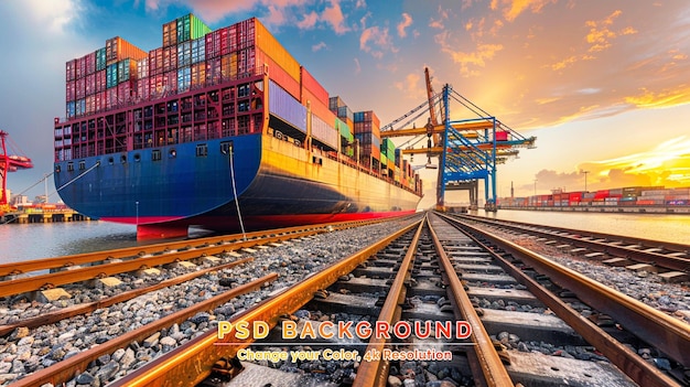 PSD navire à conteneurs travaillant la nuit logistique commerciale d'importation et d'exportation