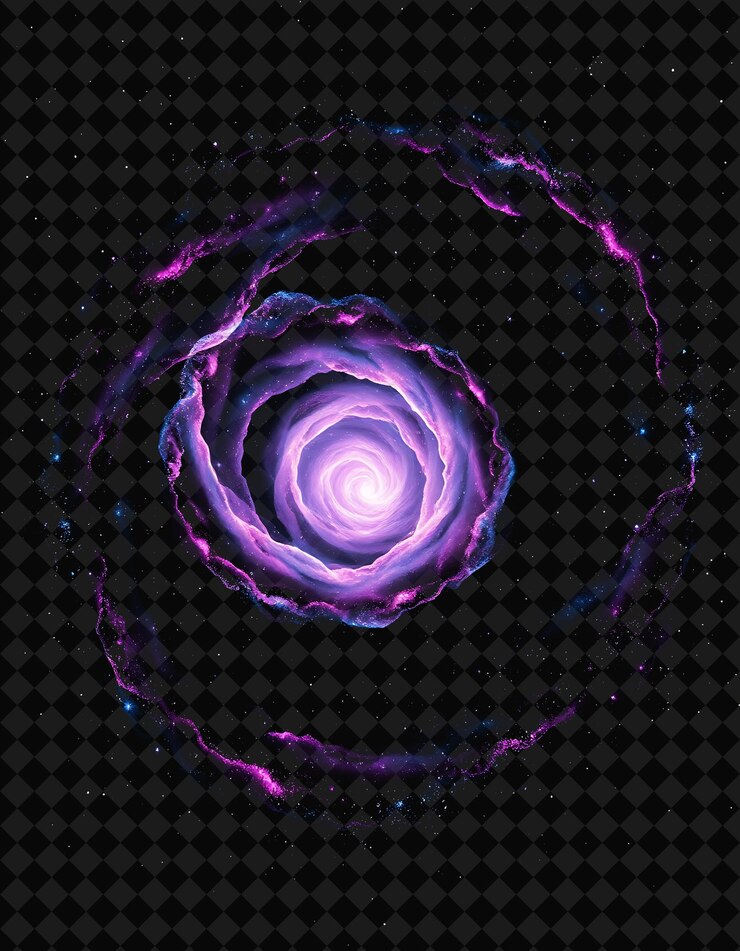 PSD nebulosa galáctica en espiral con brazos retorcidos que brillan con vibrantes tonos púrpuras y azules decorados con sh