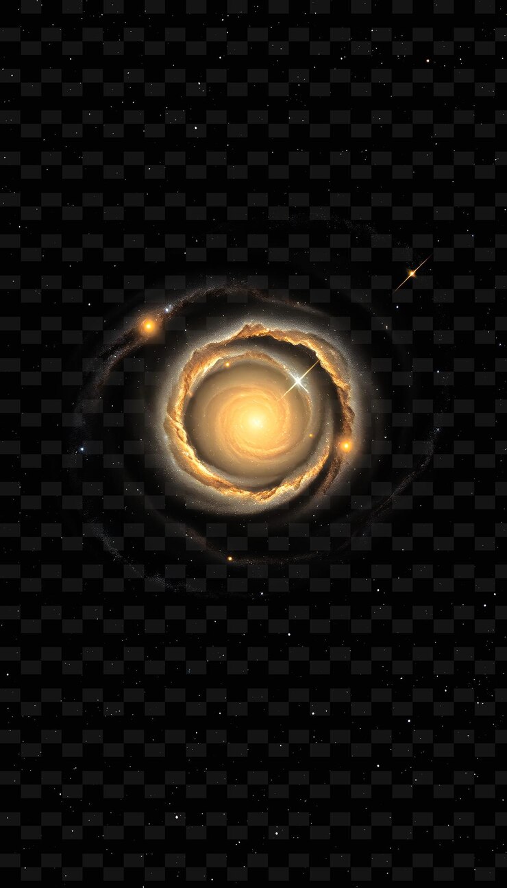 PSD nebulosa de galaxia espiral barrada con brazos espirales y barra central que brilla con un fondo cálido de neón pngy