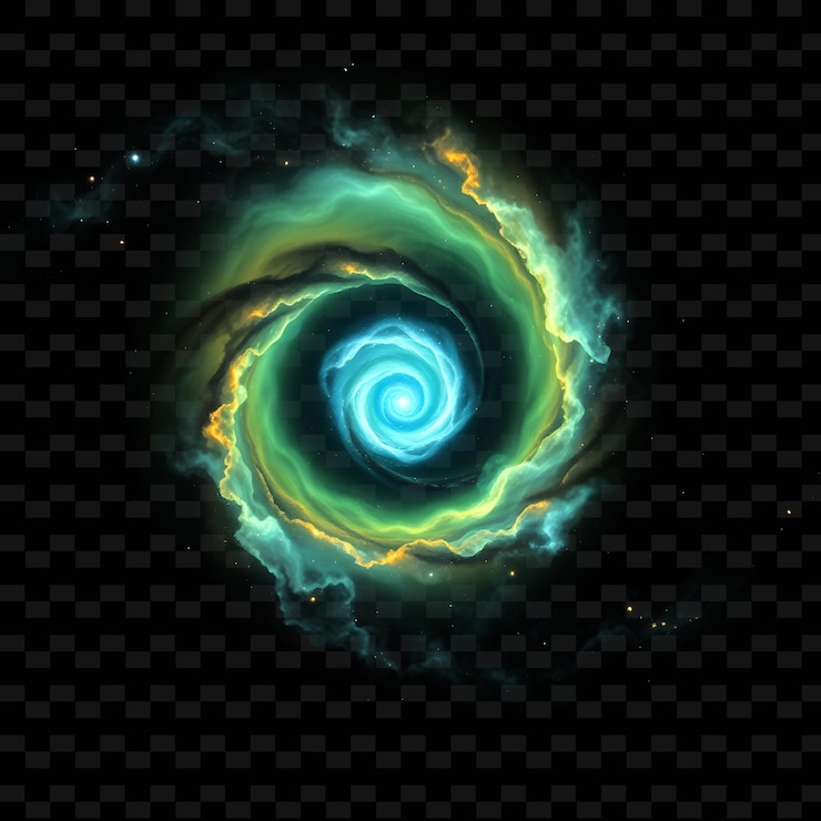PSD nebulosa helicoidal con estructura espiral que brilla con luz verde y azul se asemeja al fondo de neón de png