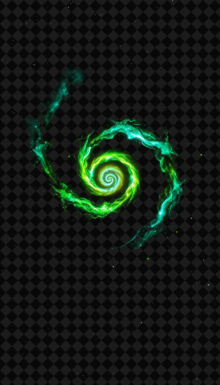 PSD nebulosa helicoidal con estructura en espiral que brilla con neón verde y azul color marco y2k colecciónl