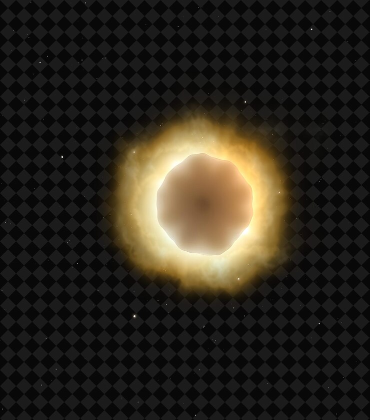 PSD nebulosa de huevo frito con forma redonda y núcleo central que brilla con luz blanca y amarilla que se asemeja a una