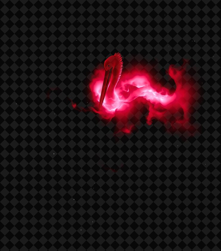 PSD nebulosa del pelícano con forma de pelícano que brilla con color de neón rojo y rosa marco de color y2k colecciónl