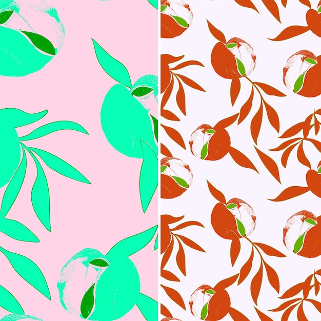 PSD nectarine avec silhouette feuillue et dessin pastel avec dessin vectoriel à motif de fruit tropical chevr