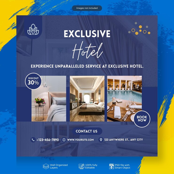 PSD negócios hoteleiros modernos reserva de hotéis on-line postagem de marketing de mídia social modelo poster