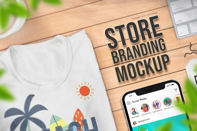 Negozio di mockup di branding con mockup di telefono e mockup di tshirt su una superficie in legno chiaro