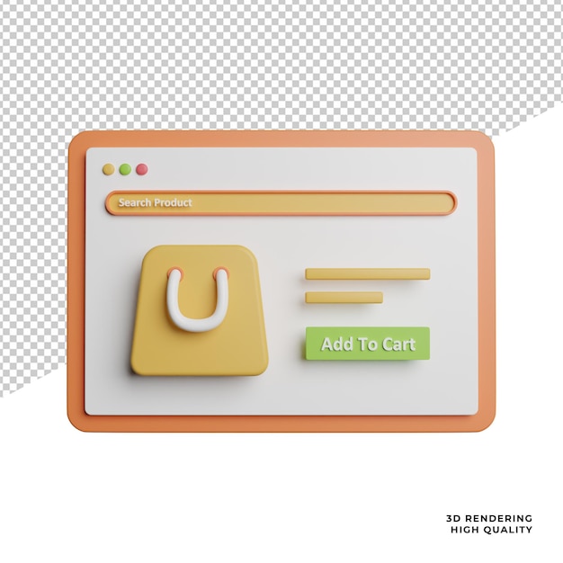Negozio online Web Ecommerce vista frontale icona 3d rendering illustrazione su sfondo trasparente