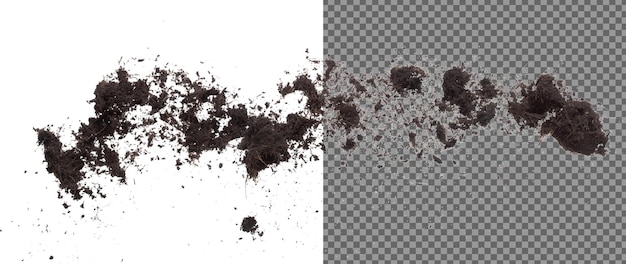 Negro Fertilizar el suelo listo para plantar buenos suelos orgánicos con raíces para la agricultura de jardín Detalles finos del suelo Lanzar mosca en el aire con polvo sucio Congelación de alta velocidad disparado sobre fondo blanco Aislado
