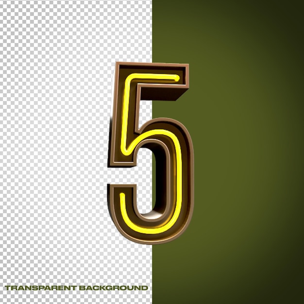 Neón 3D número 5 con fondo transparente