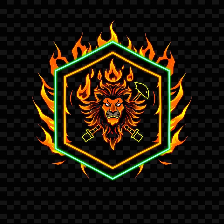 PSD neón ardiente alrededor de una forma de escudo hexagonal con contornos ardientes en el interior decorado con una llama de león