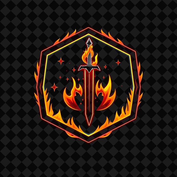 PSD el neón ardiente dentro de una insignia hexagonal con una silueta de espada ardiente y un borde ardiente en el interior son