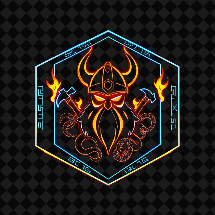 PSD el neón ardiente en un escudo hexagonal con una silueta de casco vikingo y un marco rúnico en el interior son hachas