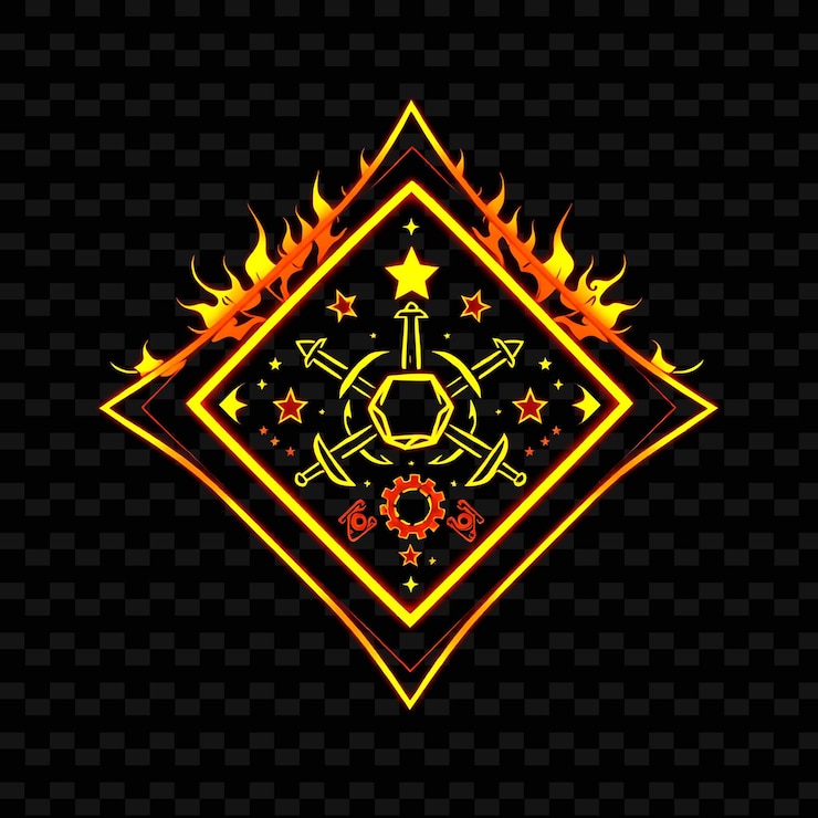 PSD neón ardiente en una insignia en forma de diamante con esquinas afiladas en el interior llena de estrellas espadas y equipo