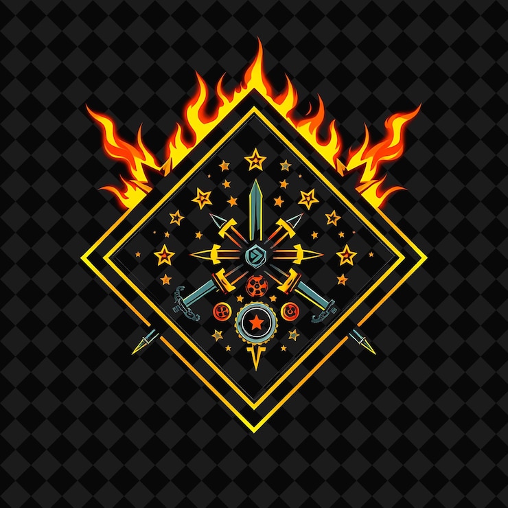 PSD neón ardiente en una insignia en forma de diamante con esquinas afiladas en el interior llena de estrellas espadas y equipo