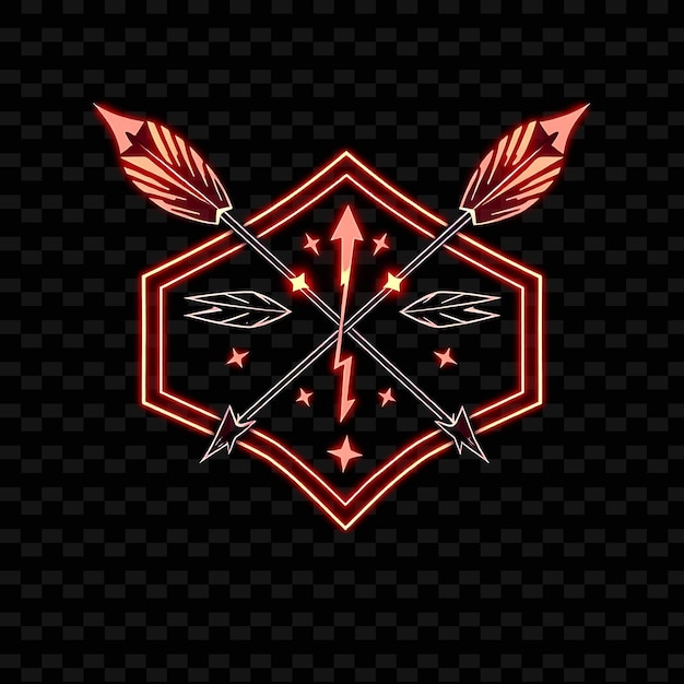 Neón ardiente en una insignia rectangular con una silueta de flechas cruzadas y bordes afilados en el interior