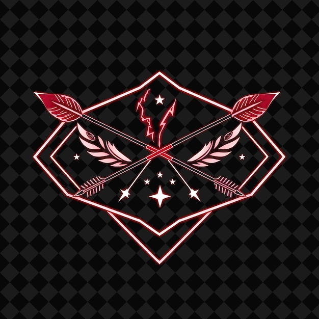 Neón ardiente en una insignia rectangular con una silueta de flechas cruzadas y bordes afilados en el interior