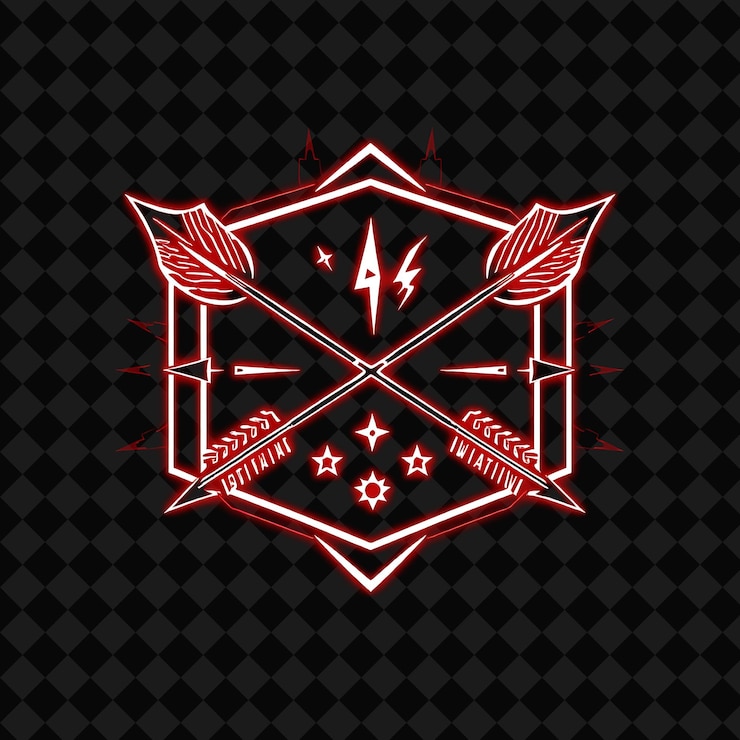 PSD neón ardiente en una insignia rectangular con una silueta de flechas cruzadas y bordes afilados en el interior