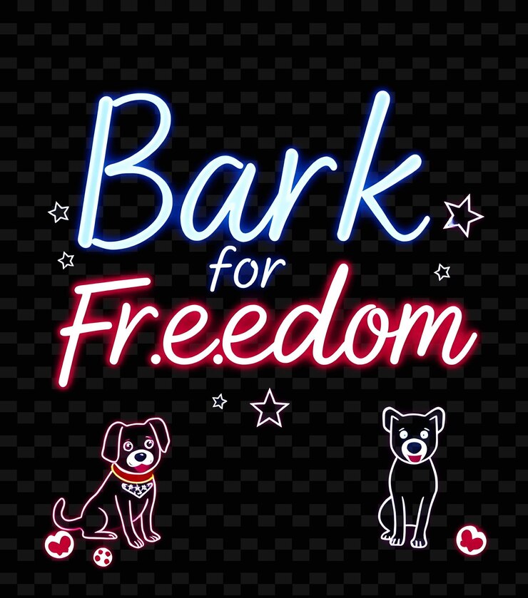 PSD neon bark for freedom texto en azul eléctrico y blanco brillante con bordes brillantes gráficos de perros lindos