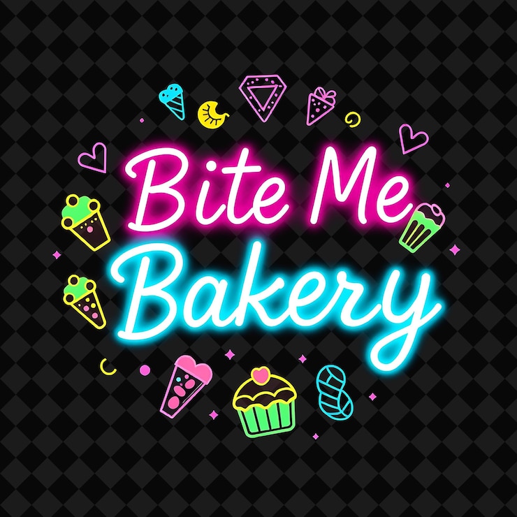 PSD neon bite me bakery text brilla con il rosa elettrico e il magenta sur png inspired neon food decorro