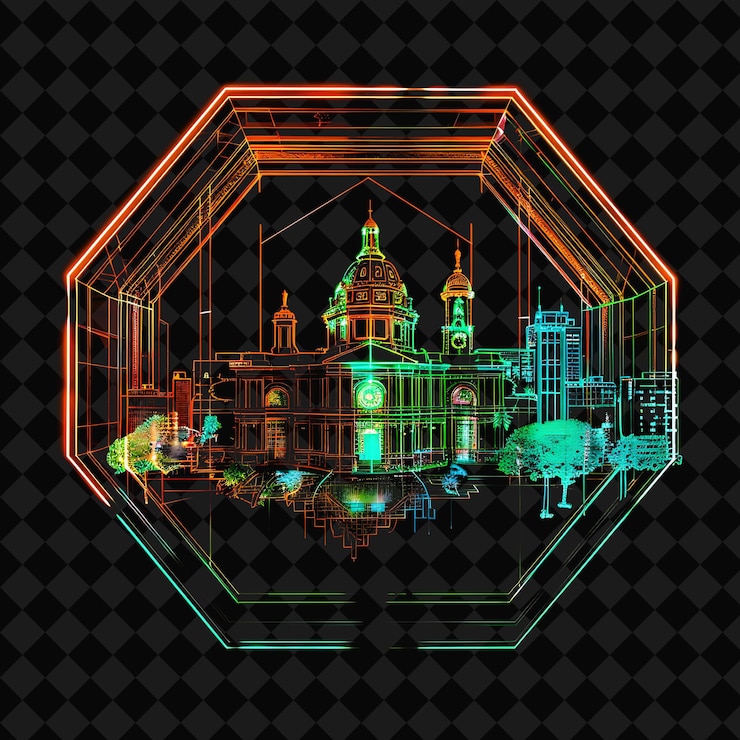 PSD neon bogot panorama brillante dentro de una silueta del pentágono tierra png y2k monolina paisaje de la ciudad arte de collage