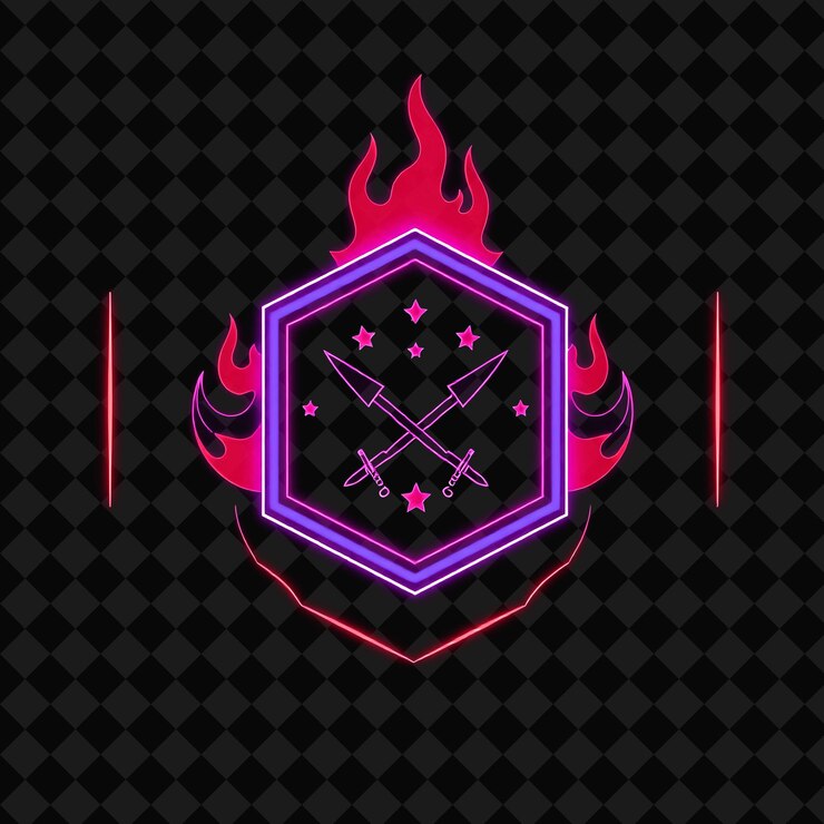 PSD neon brilhante em torno de um emblema hexagonal com contornos em forma de chama dentro é decorado com cro