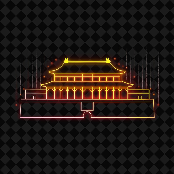 PSD neon brilhante metrópole de pequim dentro de uma silhueta quadrada l png y2k monoline cityscape collage art