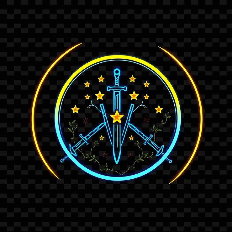 PSD neón brillante alrededor de la insignia circular con bordes gruesos en el interior lleno de espadas estrellas y vides
