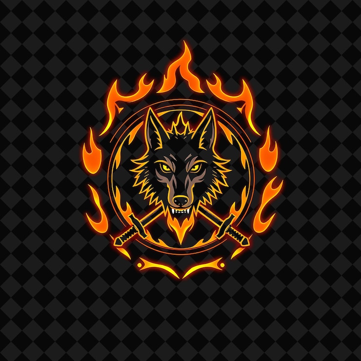 PSD el neón brillante alrededor de una insignia circular con contornos de llama en el interior está decorado con una cabeza de lobo.