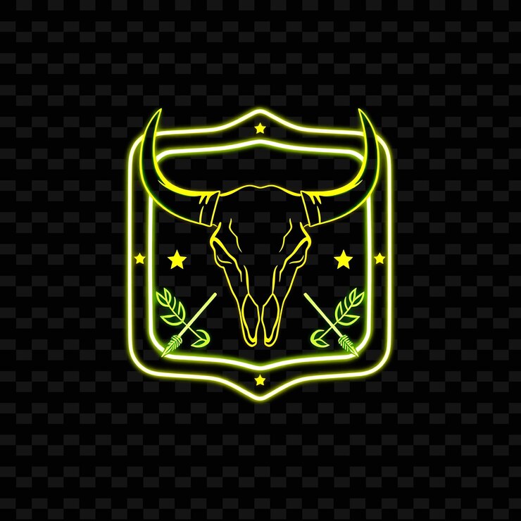 PSD neón brillante dentro de una insignia de forma cuadrada con una silueta de cráneo de toro y un marco grueso en el interior