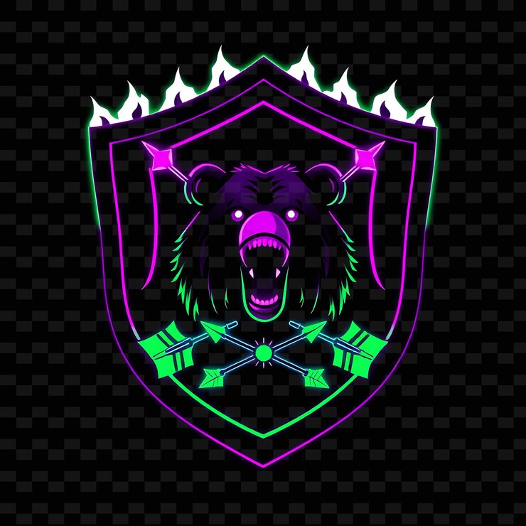 PSD neón brillante dentro de una insignia en forma de escudo con una silueta de oso y características interiores de borde de fuego