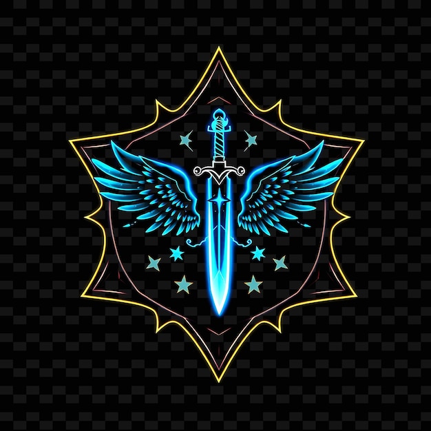 Neón brillante dentro de una insignia en forma de estrella con bordes intrincados en el interior sostiene una espada alada antorchas un