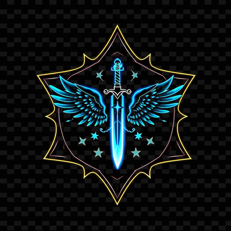 PSD neón brillante dentro de una insignia en forma de estrella con bordes intrincados en el interior sostiene una espada alada antorchas un
