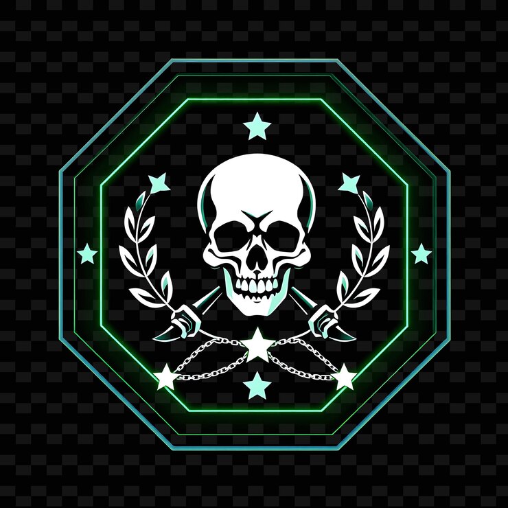 PSD el neón brillante dentro de una insignia octogonal con bordes metálicos en el interior está decorado con cadenas de calaveras