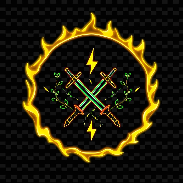 PSD neón brillante envuelto alrededor de una insignia circular con bordes como llamas en el interior sostiene espadas cruzadas vin
