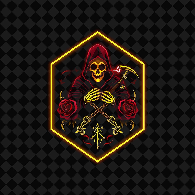 PSD neón brillante en una insignia con un contorno del pentágono y una silueta de la muerte con patrones góticos