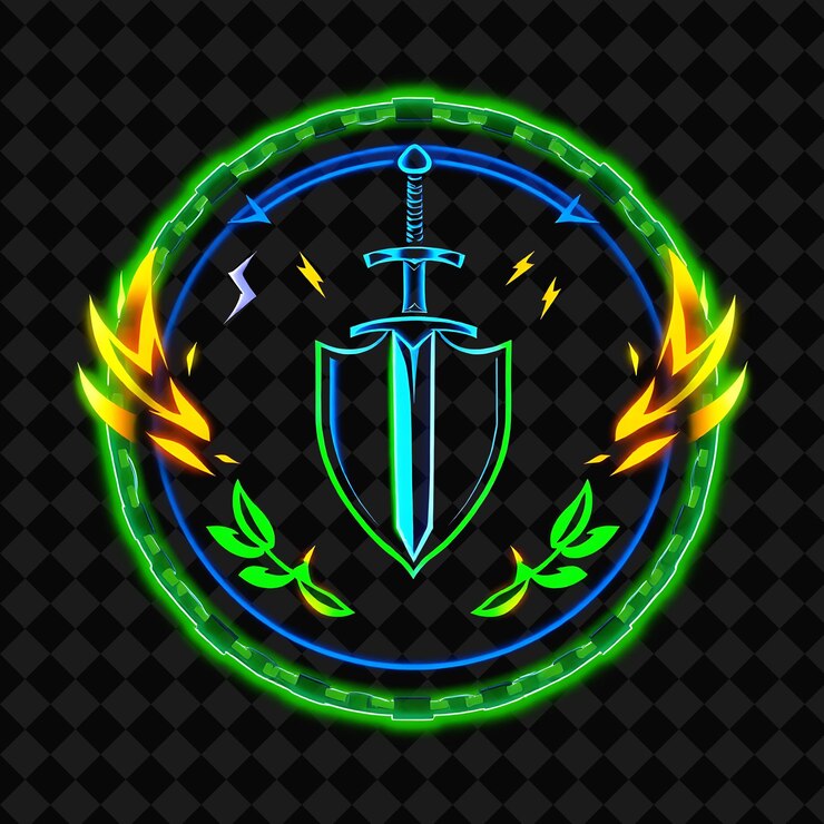 PSD neón brillante en una insignia en forma de círculo con una silueta de espada y escudo y un marco de enlace de cadena