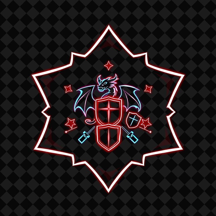 PSD neón brillante en una insignia en forma de estrella con bordes dentados en el interior decorada con un escudo de dragón y una s