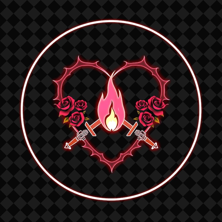 PSD el neón brillante que describe una insignia en forma de corazón con espinas que corren a lo largo de los bordes del interior está decorado
